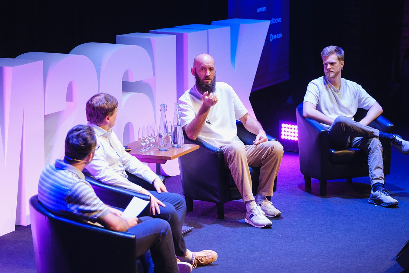 Maris Skujins, third from left, on stage with three other speakers at Meet Magento UK 2026